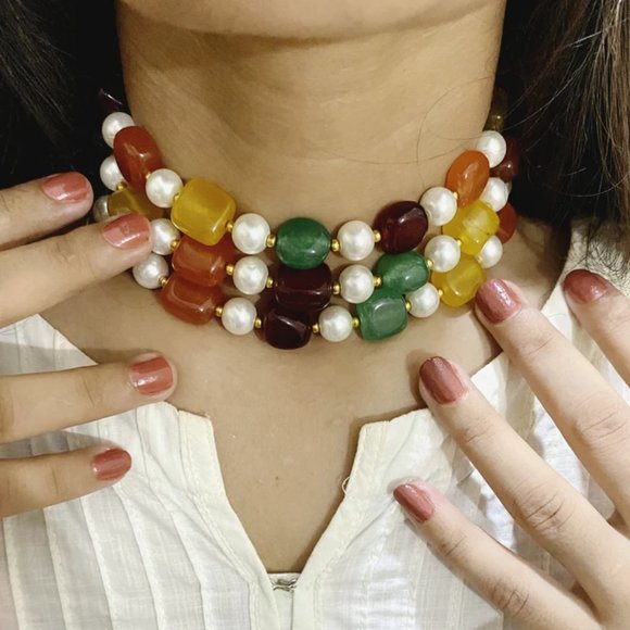 Handcrafted Colorful Stones and Pearls Choker Necklace Beaded Choker Necklace - Picture 1 of 10
